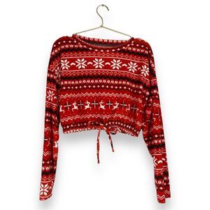 Christmas Velour Crop Top Long Sleeve Snowflake Rain Deer Size‎ L 495